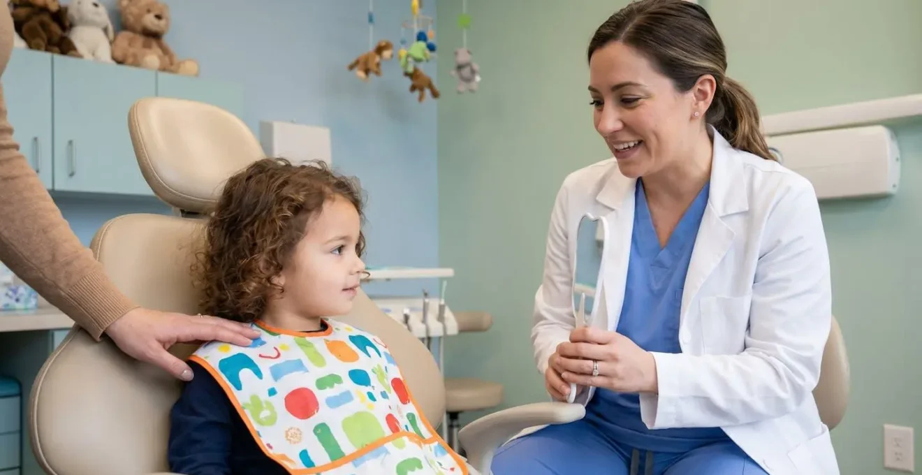 Enfant en consultation chez un dentiste pédiatrique, dentiste en blouse blanche, environnement clinique chaleureux