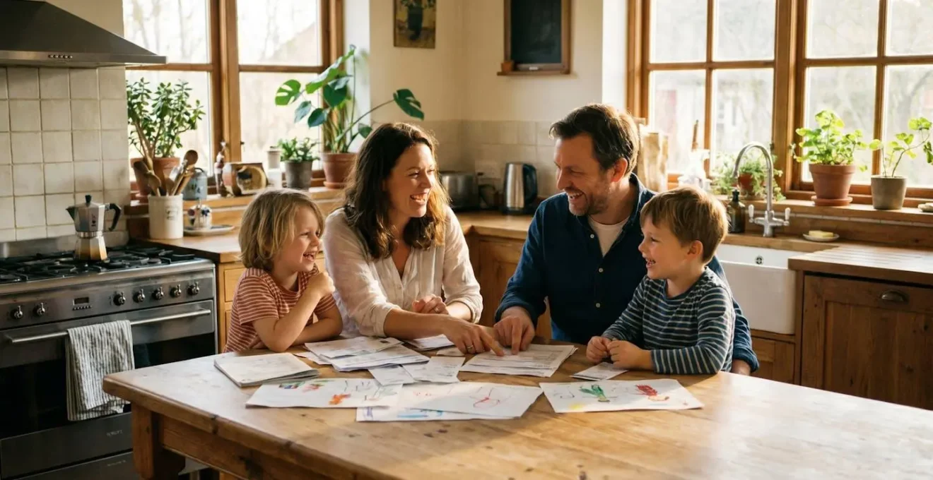Couple avec deux enfants discutant de leur couverture santé autour d'une table dans une cuisine lumineuse
