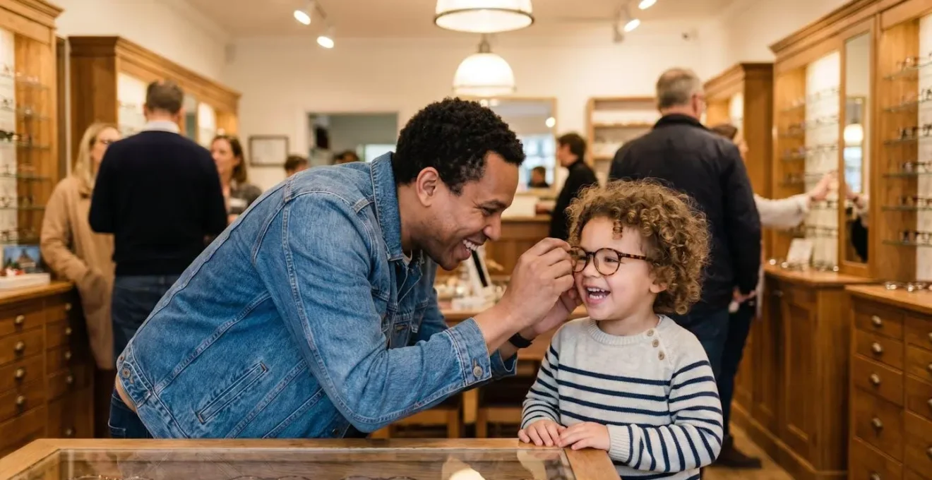 Parent et enfant en consultation chez un opticien, examinant des montures, scène quotidienne authentique